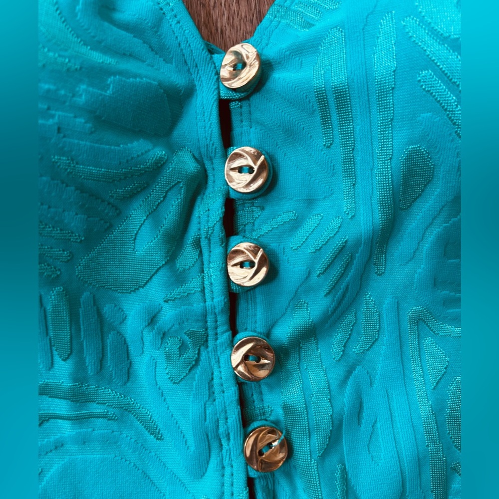 ST. JOHN SWIM Teal Textured V-Neck One Piece Henley Swimsuit Luxury Designer 10 - Picture 8 of 14